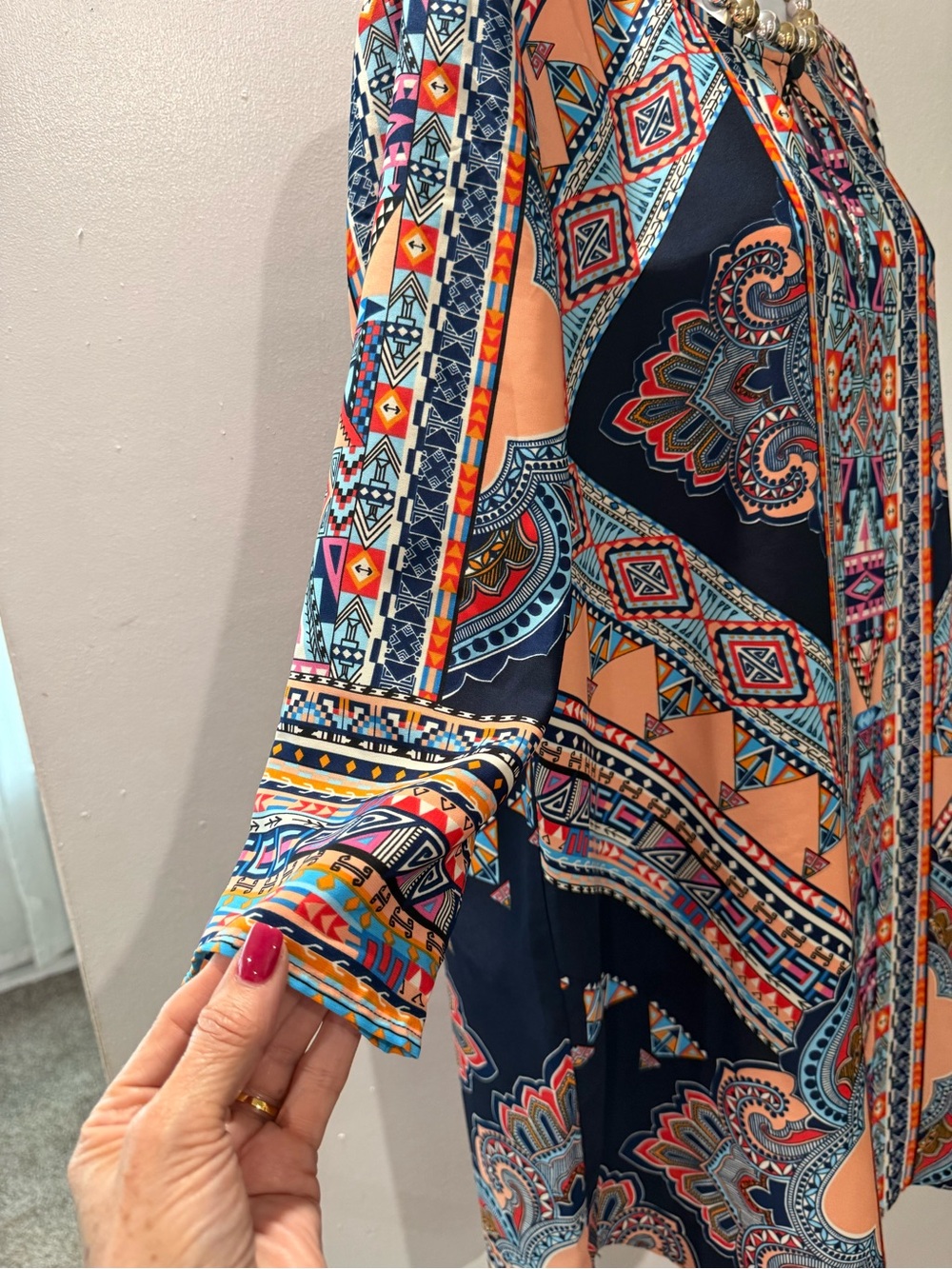 Boho Geometric Print Peasant Tunic/Dress in Navy and Peach - Picture 3 of 4